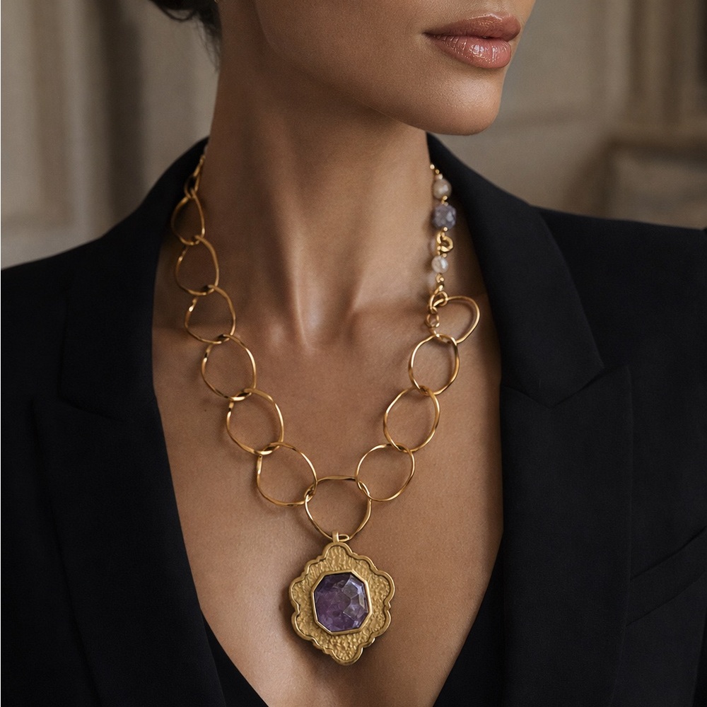 Stephanie Kantis Elegant 24k Gold Plate Necklace Amethyst Pendant & Bracelet Set